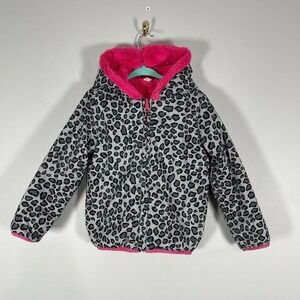 Hanna Andersson Reversible Jacket Girls 4 Pink Fleece Gray Leopard Nylon Hood